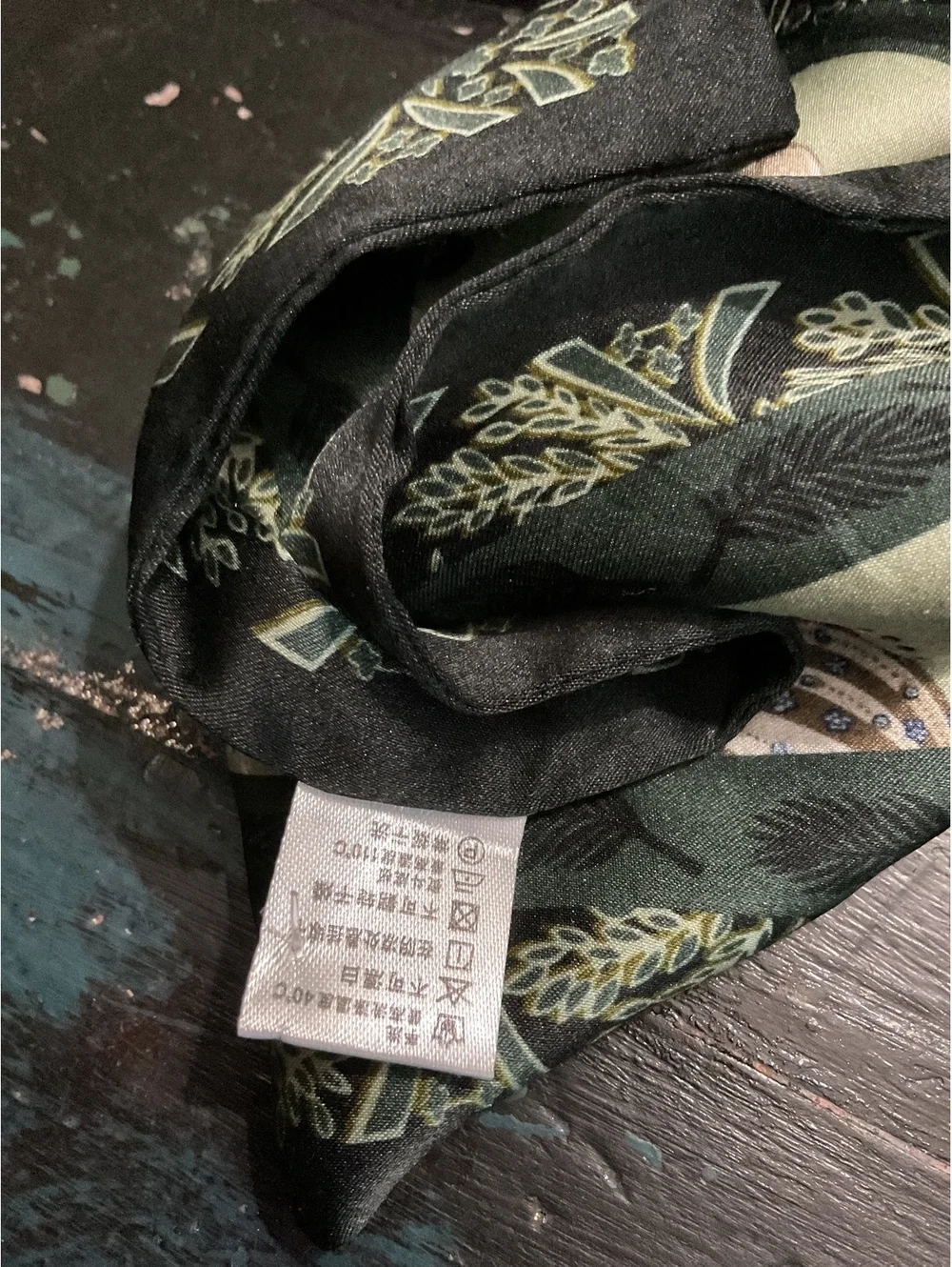 Elegant Silk Green and Beige/Gold Patterned Scarf with Intricate Border Design